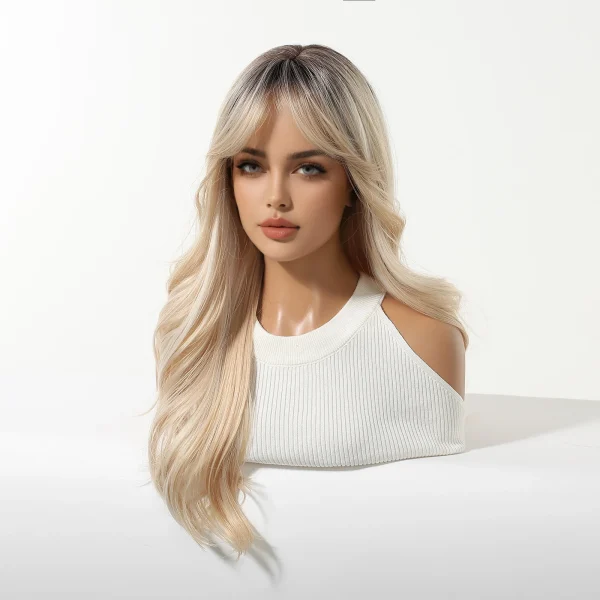 Long Blonde Ombre Wavy Synthetic Wigs with Dark Roots for Women Perfect for Daily Cosplay Natural Hairs Bangs Wig Heat Resistant