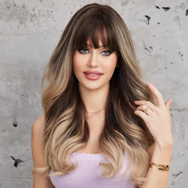 Brown Blonde Omber Long  Wavy Wig With Bangs for Women Synthetic Wigs Natural Daily Cosplay Party High Temperature Fake Hair