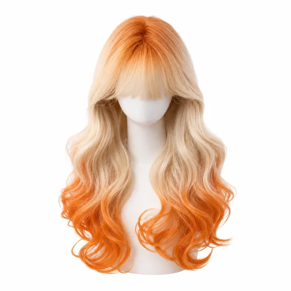 Orange Blonde Ombre Long Wavy Synthetic Wig with Bangs for Women, Cosplay Lolita Party Daily Wear Full Wig
