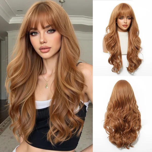 Long Blonde Ombre Wavy Synthetic Wigs with Dark Roots for Women Perfect for Daily Cosplay Natural Hairs Bangs Wig Heat Resistant
