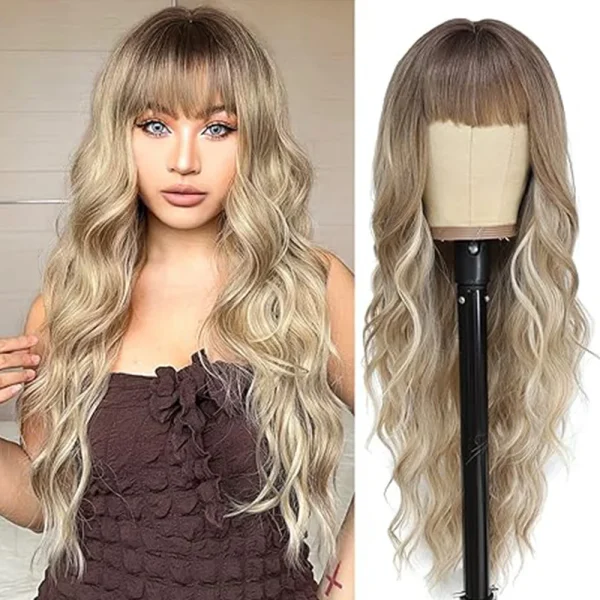 Synthetic Long Blonde Wigs with Bangs for Women Curly Wavy Hair Wigs Heat Resistant Fiber Wigs for Daily Party Use 26 Inches