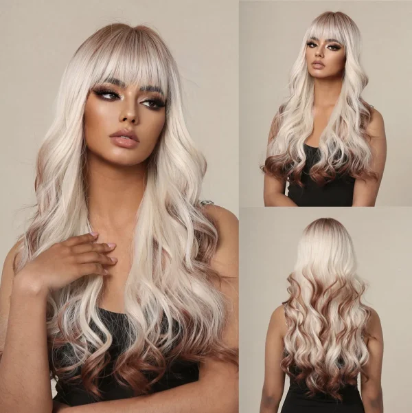 Brown Blonde Omber Long  Wavy Wig With Bangs for Women Synthetic Wigs Natural Daily Cosplay Party High Temperature Fake Hair