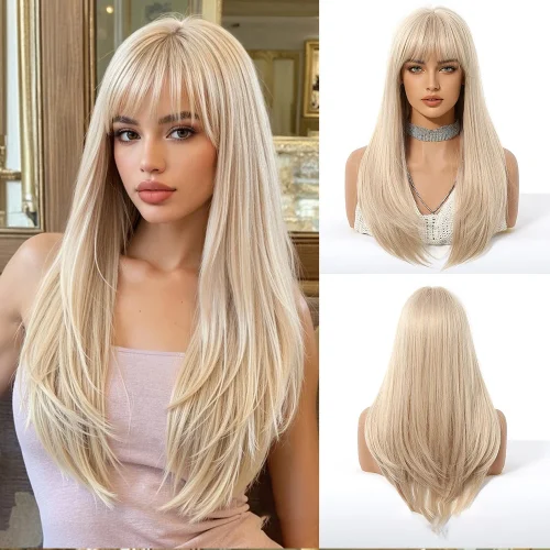 Blonde Golden Wig With Bangs Long Straight Hair Natural Wig For Women Cosplay Wigs Heat Resistant Synthetic  Fake Hair