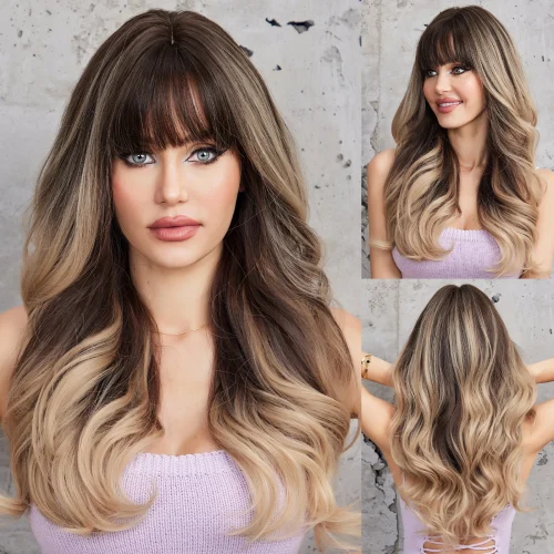 Brown Blonde Omber Long  Wavy Wig With Bangs for Women Synthetic Wigs Natural Daily Cosplay Party High Temperature Fake Hair