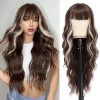 Synthetic Long Blonde Wigs with Bangs for Women Curly Wavy Hair Wigs Heat Resistant Fiber Wigs for Daily Party Use 26 Inches