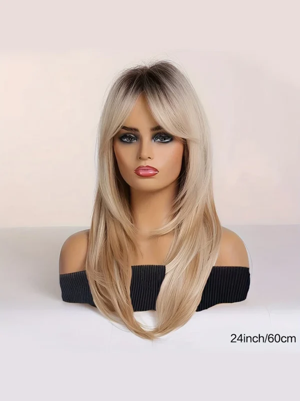 24inch Ombre Blonde Long Straight Wig with Bangs Synthetic Heat Resistant Hair for Daily Party Cosplay Wear Everyday Accessory