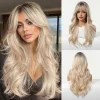 Long Blonde Ombre Wavy Synthetic Wigs with Dark Roots for Women Perfect for Daily Cosplay Natural Hairs Bangs Wig Heat Resistant