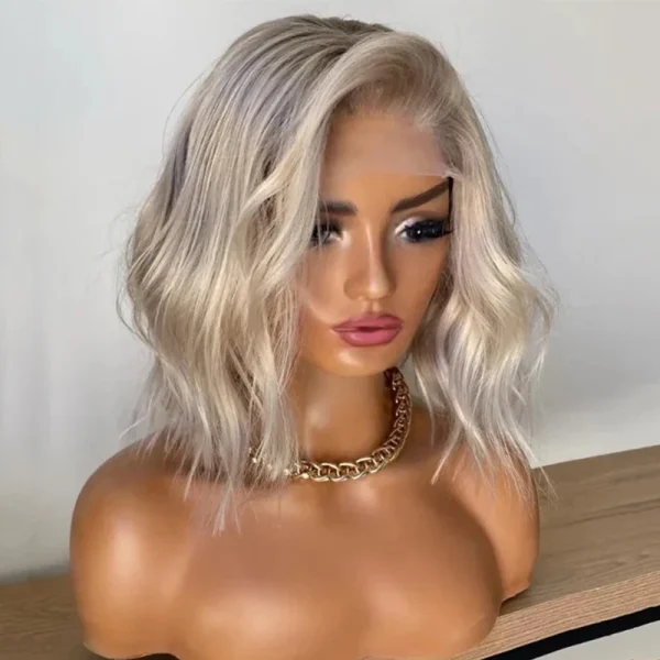Platinum Icy Blonde Ombre Wig Ash Roots Short Wave Synthetic Lace Front Wig 12 Inch Silver Bob Realistic Look Wig for Girls Gift