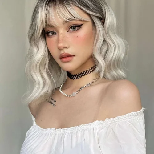 S3a781ceda15c4497b89a10fd6cb6c25d1.webp Ombre Blonde Brown Synthetic Short Wavy Wigs with Bangs Platinum Bob Cosplay Halloween Lolita Hair Wigs for Women Heat Resistant