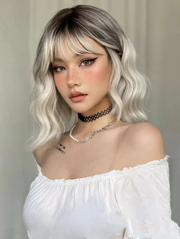 S3a781ceda15c4497b89a10fd6cb6c25d1.webp Ombre Blonde Brown Synthetic Short Wavy Wigs with Bangs Platinum Bob Cosplay Halloween Lolita Hair Wigs for Women Heat Resistant