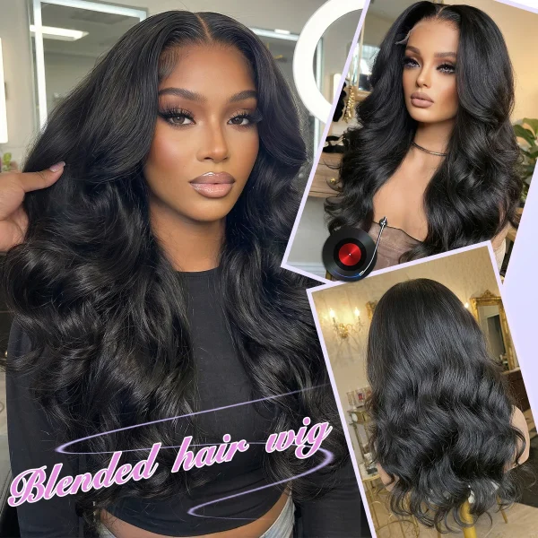 Lace Front Wig Blended Human Hair Synthetic Mix Natural Black Long  Hairpieces For Black Women Beginner Friendly Daily Wear