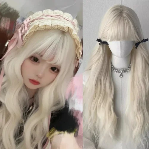S45a6886d88184998b200a07d8f6deeecT.webp Synthetic Long Body Wave Black And Gray Ombre Cosplay Wigs White Blonde for Women Long Wavy Hair Natural Lolita