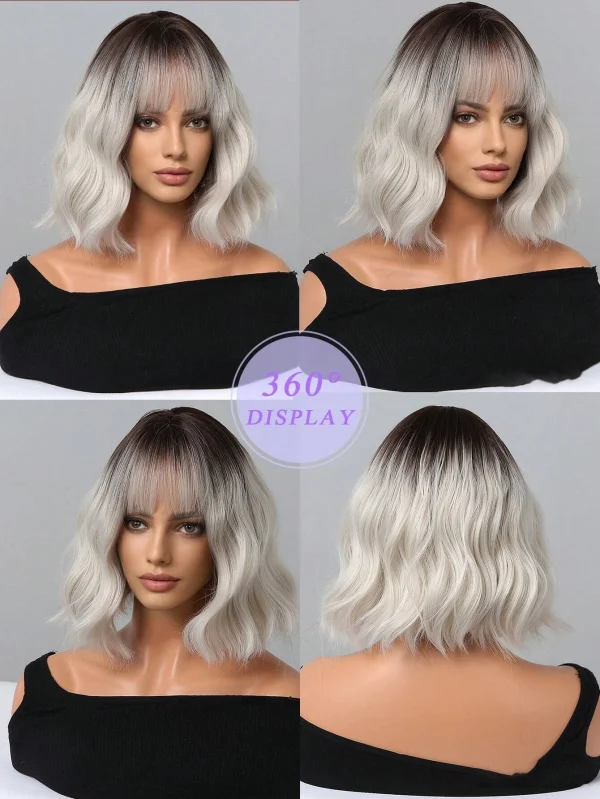S577bbd1d92314c5f880b8d4401ca6e1eJ.webp Ombre Blonde Brown Synthetic Short Wavy Wigs with Bangs Platinum Bob Cosplay Halloween Lolita Hair Wigs for Women Heat Resistant