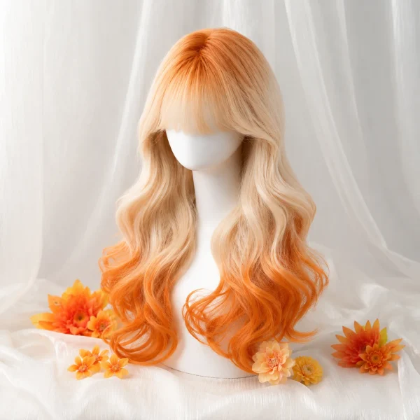 Orange Blonde Ombre Long Wavy Synthetic Wig with Bangs for Women, Cosplay Lolita Party Daily Wear Full Wig