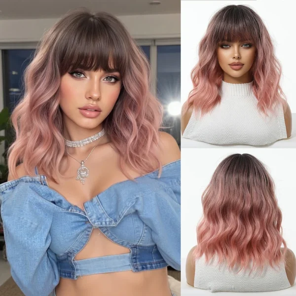 Brown to Blonde Ombre Synthetic Wig Short Curly with Straight Bangs for Women Heat Resistant Natural Look Hair for Daily Party