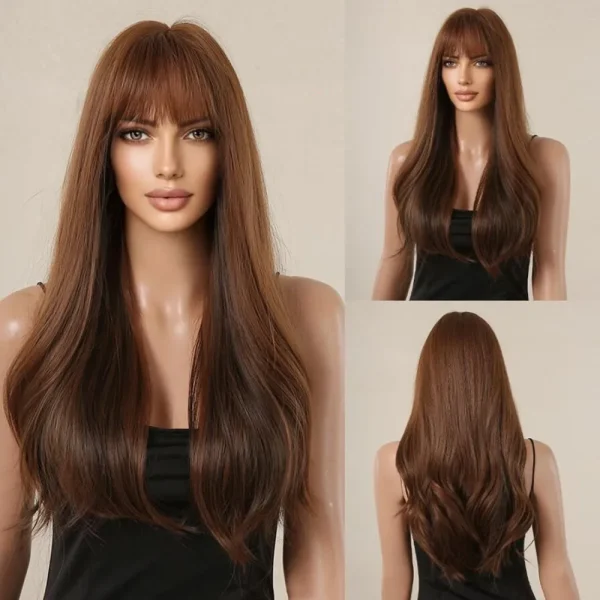 Brown Blonde Omber Long  Wavy Wig With Bangs for Women Synthetic Wigs Natural Daily Cosplay Party High Temperature Fake Hair