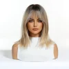 Brown Blonde Ombre Synthetic Wigs Short Straight Layered Wig for Women Afro Heat Resistant Cosplay Daily Natural Hair with Bangs