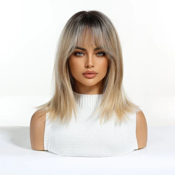 Brown Blonde Ombre Synthetic Wigs Short Straight Layered Wig for Women Afro Heat Resistant Cosplay Daily Natural Hair with Bangs
