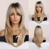 24inch Ombre Blonde Long Straight Wig with Bangs Synthetic Heat Resistant Hair for Daily Party Cosplay Wear Everyday Accessory
