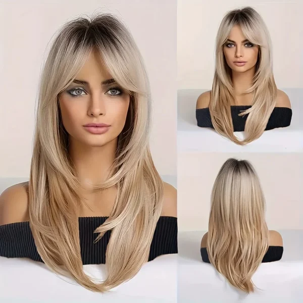 24inch Ombre Blonde Long Straight Wig with Bangs Synthetic Heat Resistant Hair for Daily Party Cosplay Wear Everyday Accessory