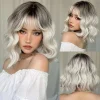 S78957b66bd284ba4ac0004aab737eecfY.webp Ombre Blonde Brown Synthetic Short Wavy Wigs with Bangs Platinum Bob Cosplay Halloween Lolita Hair Wigs for Women Heat Resistant