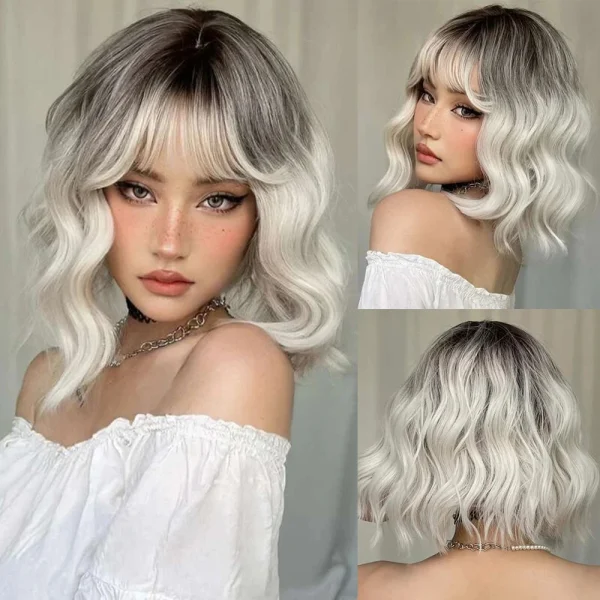 S78957b66bd284ba4ac0004aab737eecfY.webp Ombre Blonde Brown Synthetic Short Wavy Wigs with Bangs Platinum Bob Cosplay Halloween Lolita Hair Wigs for Women Heat Resistant