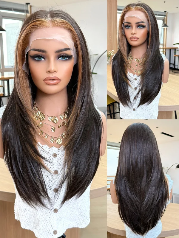 Lace Front Wig Blended Human Hair Synthetic Mix Natural Black Long  Hairpieces For Black Women Beginner Friendly Daily Wear