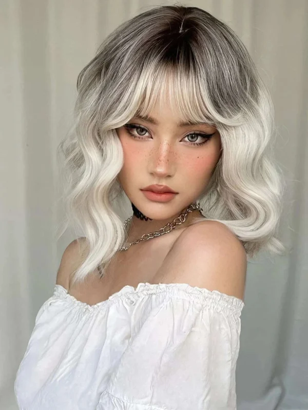 S8228ba3eed274c1ca00ceff007e49185S.webp Ombre Blonde Brown Synthetic Short Wavy Wigs with Bangs Platinum Bob Cosplay Halloween Lolita Hair Wigs for Women Heat Resistant