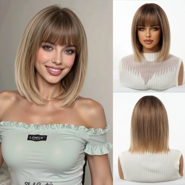 Brown Blonde Ombre Synthetic Wigs Short Straight Layered Wig for Women Afro Heat Resistant Cosplay Daily Natural Hair with Bangs