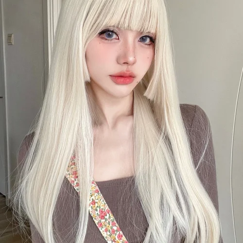26Inch Blonde Platinum Golden Synthetic Wigs With Bang Long Natural Straight Hair Wig for Women Hime Cut Cosplay Heat Resistant