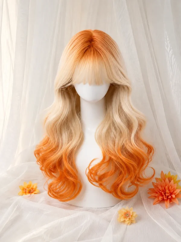 Orange Blonde Ombre Long Wavy Synthetic Wig with Bangs for Women, Cosplay Lolita Party Daily Wear Full Wig