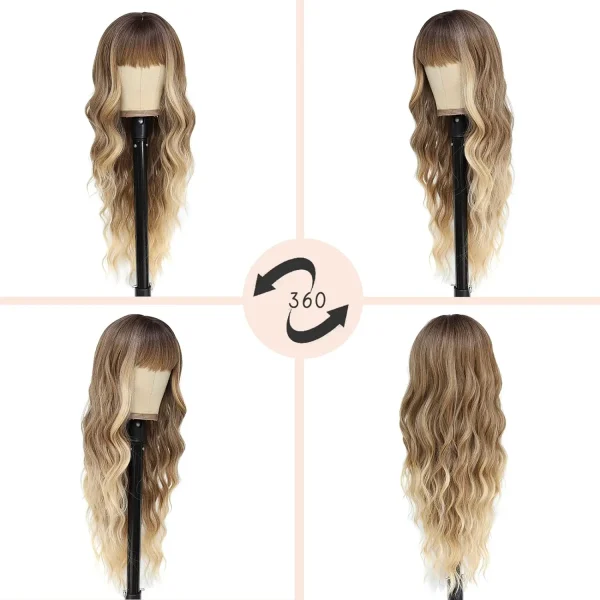 Synthetic Long Blonde Wigs with Bangs for Women Curly Wavy Hair Wigs Heat Resistant Fiber Wigs for Daily Party Use 26 Inches
