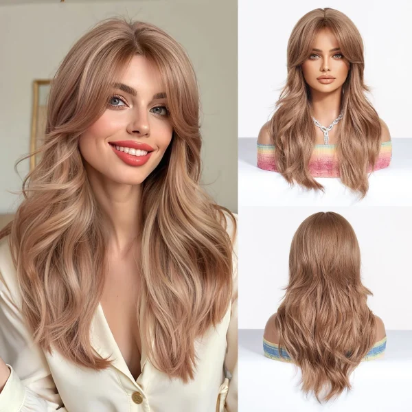 Long Blonde Ombre Wavy Synthetic Wigs with Dark Roots for Women Perfect for Daily Cosplay Natural Hairs Bangs Wig Heat Resistant