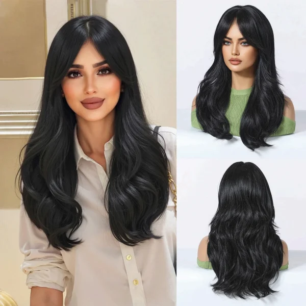 Long Blonde Ombre Wavy Synthetic Wigs with Dark Roots for Women Perfect for Daily Cosplay Natural Hairs Bangs Wig Heat Resistant