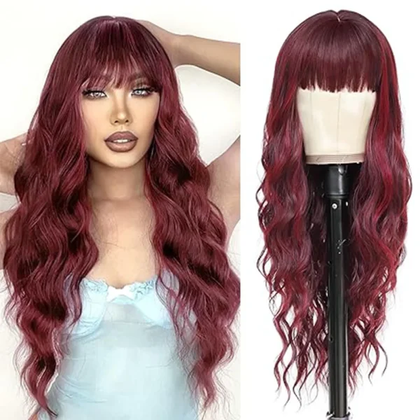 Synthetic Long Blonde Wigs with Bangs for Women Curly Wavy Hair Wigs Heat Resistant Fiber Wigs for Daily Party Use 26 Inches