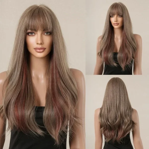 Brown Blonde Omber Long  Wavy Wig With Bangs for Women Synthetic Wigs Natural Daily Cosplay Party High Temperature Fake Hair