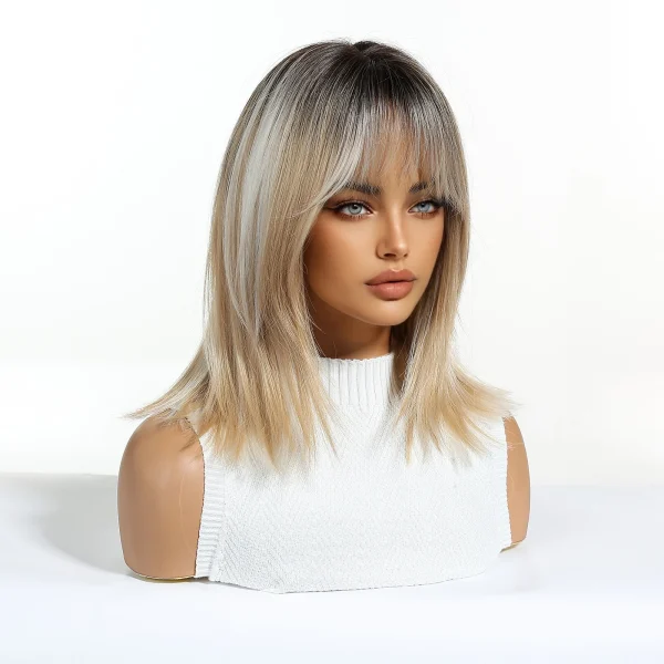 Brown Blonde Ombre Synthetic Wigs Short Straight Layered Wig for Women Afro Heat Resistant Cosplay Daily Natural Hair with Bangs