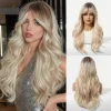 Long Blonde Ombre Wavy Synthetic Wigs with Dark Roots for Women Perfect for Daily Cosplay Natural Hairs Bangs Wig Heat Resistant