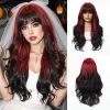 Long Blonde Ombre Wavy Synthetic Wigs with Dark Roots for Women Perfect for Daily Cosplay Natural Hairs Bangs Wig Heat Resistant