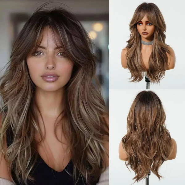 Long Blonde Ombre Wavy Synthetic Wigs with Dark Roots for Women Perfect for Daily Cosplay Natural Hairs Bangs Wig Heat Resistant