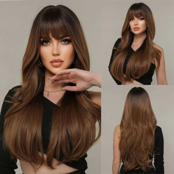 Brown Blonde Omber Long  Wavy Wig With Bangs for Women Synthetic Wigs Natural Daily Cosplay Party High Temperature Fake Hair