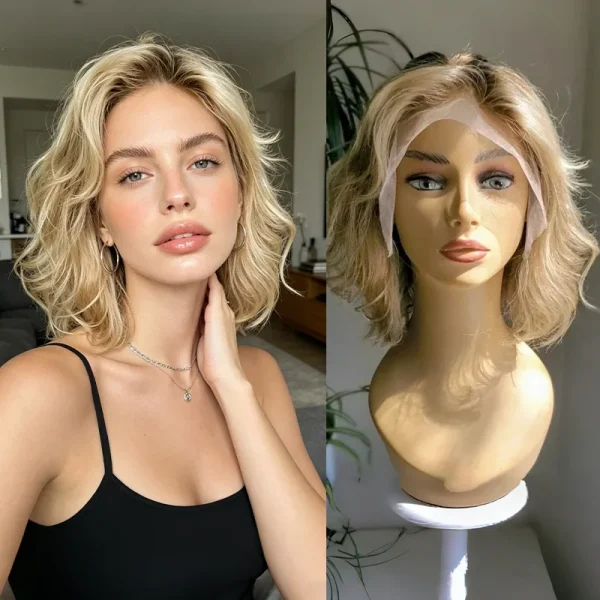 Sb0a531b1e40a4325838c1200695d74d1Z.webp Synthetic Lace Front Wig Short Wavy Bob Wig for Women Blonde Highlights Glueless HD 13X4 Lace Front Wig Pre Plucked Middle Part