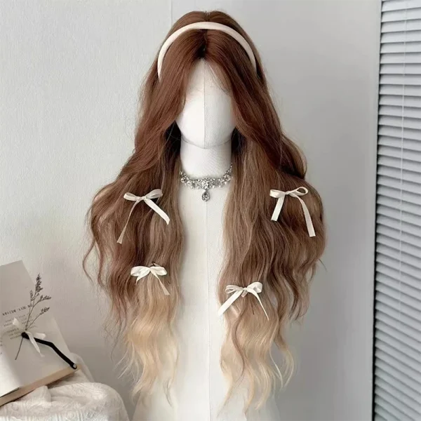 Synthetic Long Body Wave Black And Gray Ombre Cosplay Wigs White Blonde for Women Long Wavy Hair Natural Lolita