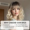 Brown to Blonde Ombre Synthetic Wig Short Curly with Straight Bangs for Women Heat Resistant Natural Look Hair for Daily Party