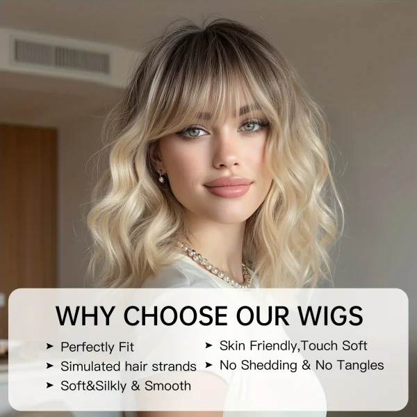 Brown to Blonde Ombre Synthetic Wig Short Curly with Straight Bangs for Women Heat Resistant Natural Look Hair for Daily Party