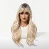 Long Blonde Ombre Wavy Synthetic Wigs with Dark Roots for Women Perfect for Daily Cosplay Natural Hairs Bangs Wig Heat Resistant