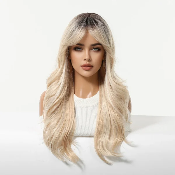 Long Blonde Ombre Wavy Synthetic Wigs with Dark Roots for Women Perfect for Daily Cosplay Natural Hairs Bangs Wig Heat Resistant