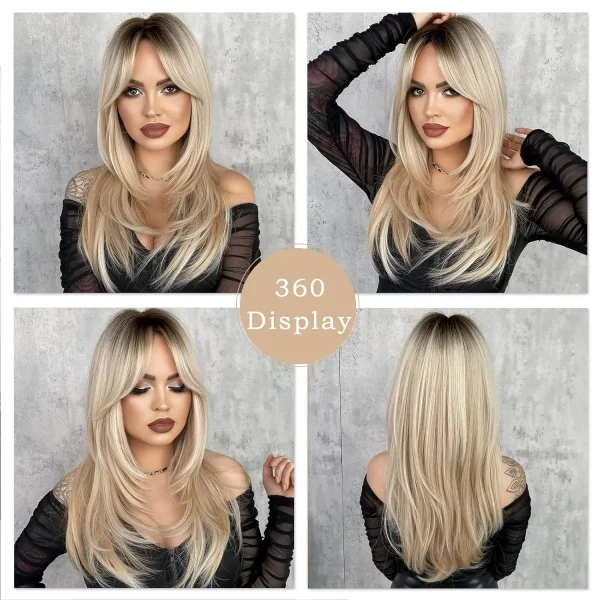 24inch Ombre Blonde Long Straight Wig with Bangs Synthetic Heat Resistant Hair for Daily Party Cosplay Wear Everyday Accessory