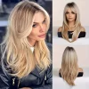 24inch Ombre Blonde Long Straight Wig with Bangs Synthetic Heat Resistant Hair for Daily Party Cosplay Wear Everyday Accessory