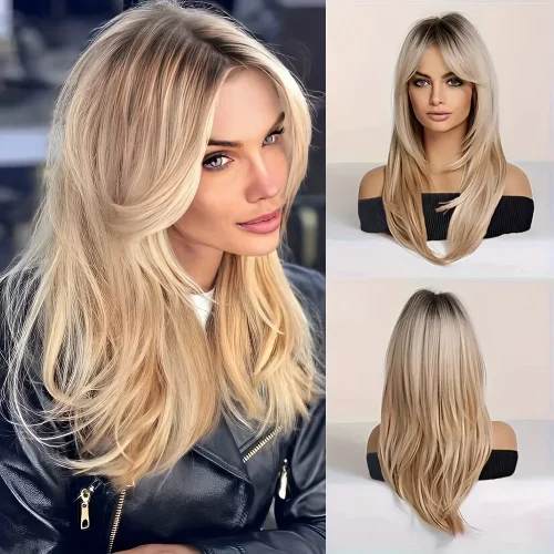 Sb95ff14fa57947f89d15fe247bac4b6eI.webp 24inch Ombre Blonde Long Straight Wig with Bangs Synthetic Heat Resistant Hair for Daily Party Cosplay Wear Everyday Accessory